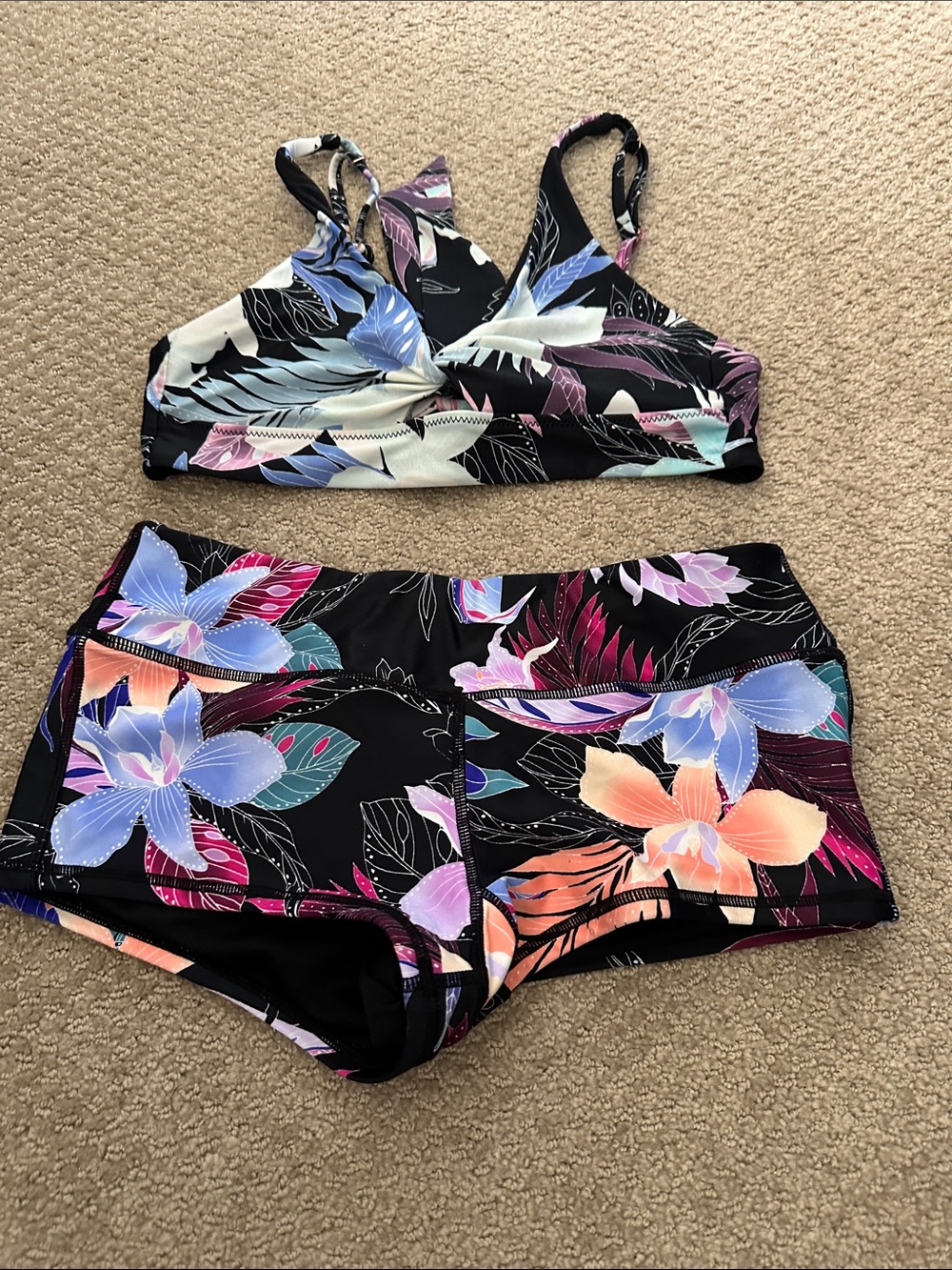 Raisins Black Floral Bikini Set with Purple, Blue, Pink and Orange Accents